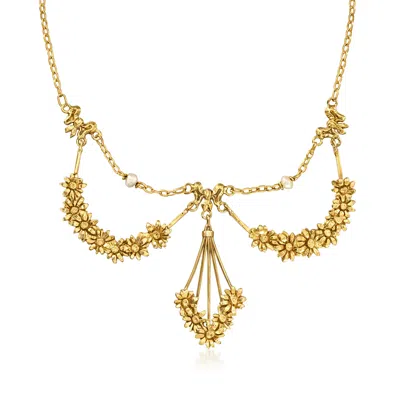 Pre-owned Ross-simons C. 1940 Vintage 18kt Yellow Gold Flower Bib Necklace With 2.5mm Cultured Pearls