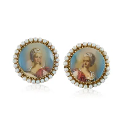 Pre-owned Ross-simons C. 1940 Vintage Portrait Earrings With 2.6-2.9mm Cultured Pearls In 10kt Yellow Gold