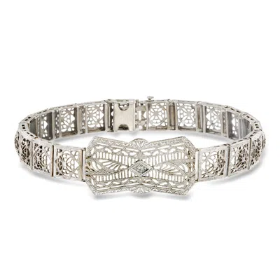 Pre-owned Ross-simons C. 1950 Vintage 14kt White Gold Openwork Bracelet With Single Diamond In Silver