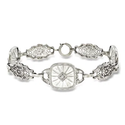 Pre-owned Ross-simons C. 1950 Vintage 15.00 Ct. T.w. Rock Crystal Openwork Station Bracelet With Diamonds In Platinum In Silver