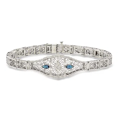 Pre-owned Ross-simons C. 1950 Vintage .20 Ct. T.w. Synthetic Sapphire Filigree Bracelet With Single Diamond In 14kt White  In Silver