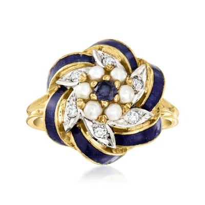 Pre-owned Ross-simons C. 1950 Vintage 2.5mm Cultured Pearl And .15 Carat Sapphire Swirl Ring With Diamonds And Blue Enamel In Gold