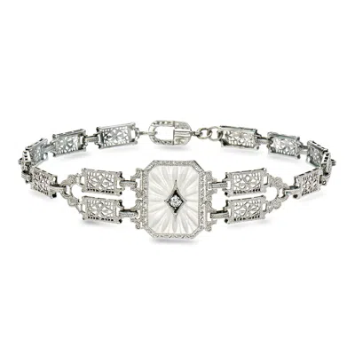 Pre-owned Ross-simons C. 1950 Vintage 3.50 Carat Rock Crystal Filigree Bracelet With Single Diamond In 14kt White Gold In Silver