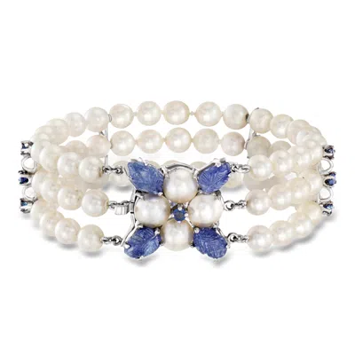 Pre-owned Ross-simons C. 1950 Vintage 5.7-7.5mm Cultured Pearl And 6.35 Ct. T.w. Sapphire Floral Three-row Bracelet In 14k In Silver