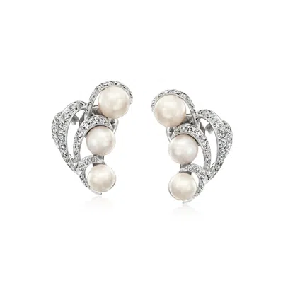 Pre-owned Ross-simons C. 1950 Vintage 6-7mm Cultured Pearl And 1.00 Ct. T.w. Diamond Swirl Earrings In 14kt White Gold In Silver