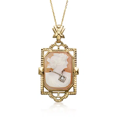 Pre-owned Ross-simons C. 1950 Vintage Brown Shell Cameo Pendant Necklace With Single Diamond In 14kt Yellow Gold