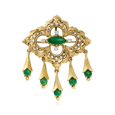 Pre-owned Ross-simons C. 1950 Vintage Jade And .20 Ct. T.w. Diamond Pin/pendant With Seed Pearls In 14kt Yellow Gold