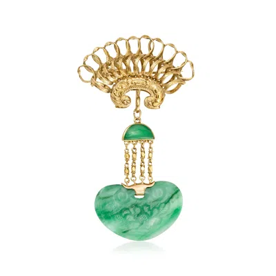 Pre-owned Ross-simons C. 1950 Vintage Jade Fan Drop Pin In 14kt Yellow Gold