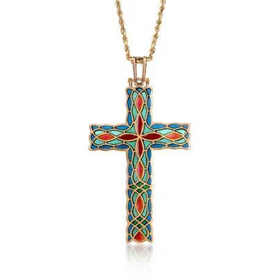 Pre-owned Ross-simons C. 1950 Vintage Multicolored Enamel Plique-a-jour Cross Pendant Necklace In 14kt Yellow Gold