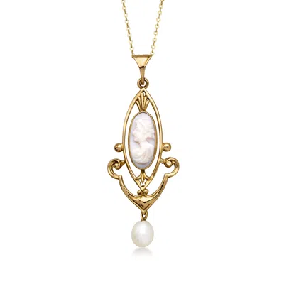 Pre-owned Ross-simons C. 1950 Vintage Orange Shell Cameo Pendant Necklace With Cultured Pearl In 10kt Yellow Gold