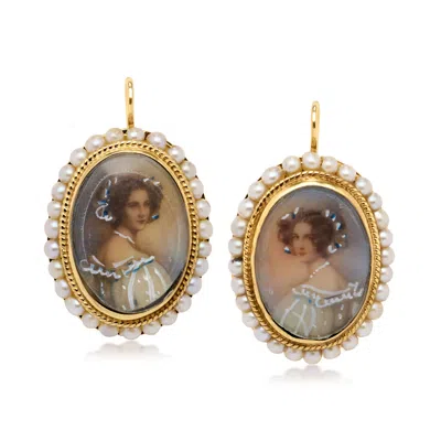 Pre-owned Ross-simons C. 1950 Vintage Painted Portrait Earrings With Seed Pearls In 14kt Yellow Gold