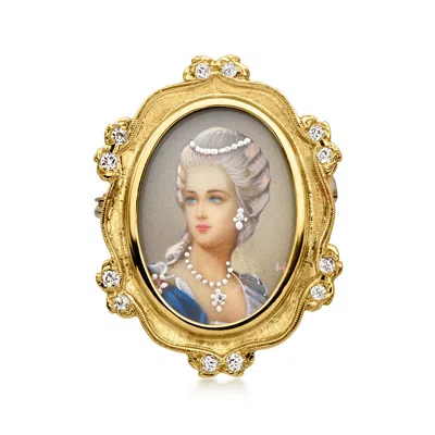 Pre-owned Ross-simons C. 1950 Vintage Painted Portrait Pin With .32 Ct. T.w. Diamonds In 18kt Yellow Gold