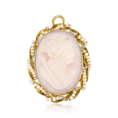 Pre-owned Ross-simons C. 1950 Vintage White Agate Cameo Pin/pendant With Seed Pearls In 10kt Yellow Gold