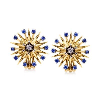 Pre-owned Ross-simons C. 1960 Vintage 1.20 Ct. T.w. Sapphire And .14 Ct. T.w. Diamond Starburst Earrings In 14kt Yellow Go In Gold