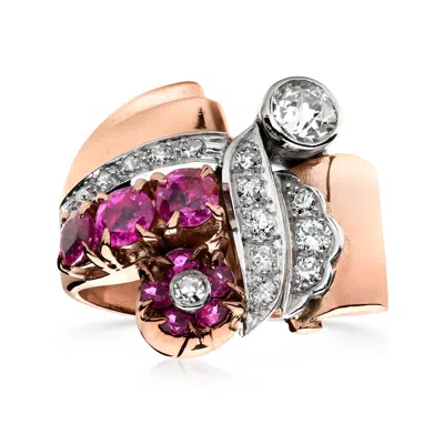 Pre-owned Ross-simons C. 1960 Vintage 1.50 Ct. T.w. Ruby And .70 Ct. T.w. Diamond Flower Ring In Platinum And 14kt Rose Go In Gold