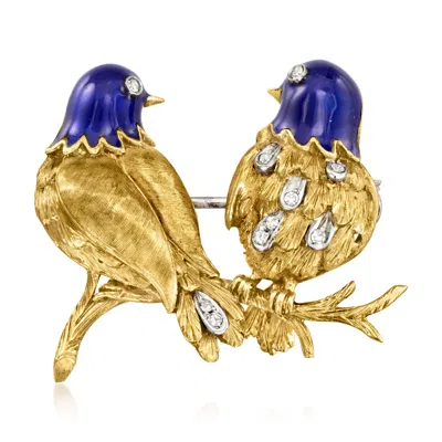 Pre-owned Ross-simons C. 1960 Vintage .17 Ct. T.w. Diamond Birds Pin With Blue Enamel In 18kt Yellow Gold