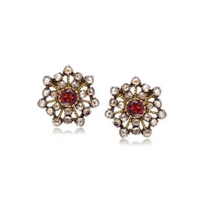 Pre-owned Ross-simons C. 1960 Vintage 2.10 Ct. T.w. Diamond And 1.70 Ct. T.w. Garnet Snowflake Earrings In 18kt Gold Over 