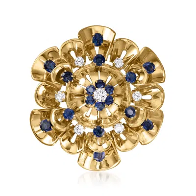 Pre-owned Ross-simons C. 1960 Vintage 2.40 Ct. T.w. Sapphire And .65 Ct. T.w. Diamond Flower Pin In 14kt Yellow Gold