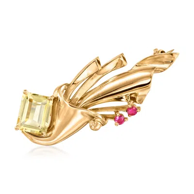 Pre-owned Ross-simons C. 1960 Vintage 2.80 Carat Yellow Beryl Ribbon Pin With .15 Ct. T.w. Rubies In 14kt Yellow Gold
