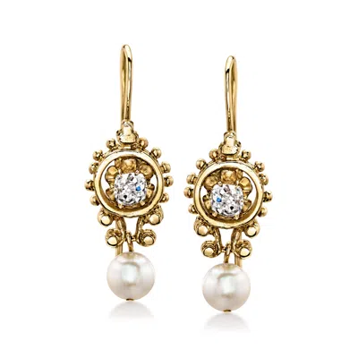 Pre-owned Ross-simons C. 1960 Vintage 5mm Cultured Pearl And .50 Ct. T.w. Diamond Drop Earrings In 14kt Yellow Gold