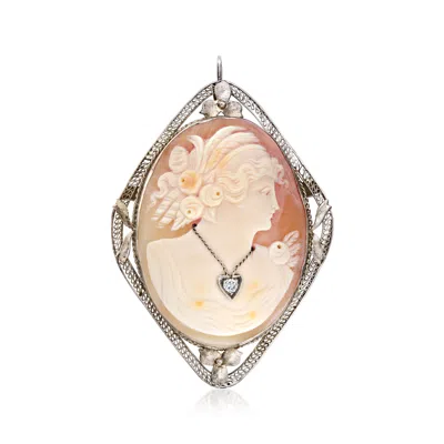Pre-owned Ross-simons C. 1960 Vintage Brown Shell Cameo Pin/pendant With .12 Carat Diamond In 14kt White Gold In Silver