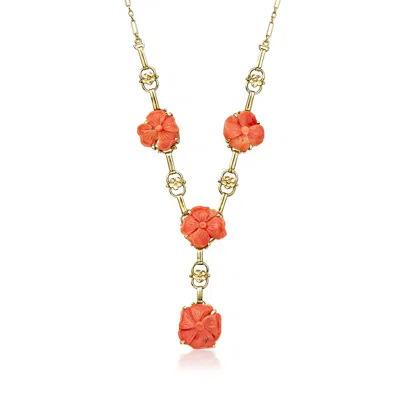 Pre-owned Ross-simons C. 1960 Vintage Carved Coral Flower Y-necklace In 14kt Yellow Gold