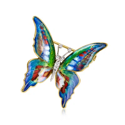 Pre-owned Ross-simons C. 1960 Vintage Multicolored Enamel Butterfly Pin With Diamonds In 18kt Two-tone Gold In Gold,silver