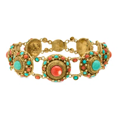 Pre-owned Ross-simons C. 1960 Vintage Turquoise And Coral Bracelet In Silver