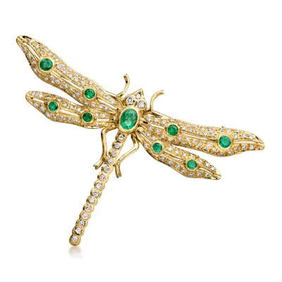 Pre-owned Ross-simons C. 1970 Vintage 1.10 Ct. T.w. Diamond And .70 Ct. T.w. Emerald Dragonfly Pin In 18kt Yellow Gold