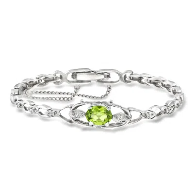 Pre-owned Ross-simons C. 1970 Vintage 1.25 Carat Peridot And .15 Ct. T.w. Diamond Bracelet In 14kt White Gold In Silver