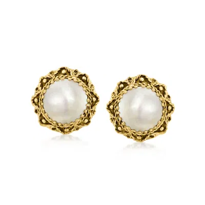 Pre-owned Ross-simons C. 1970 Vintage 12mm Cultured Pearl Fancy-frame Earrings In 14kt Yellow Gold