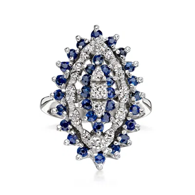 Pre-owned Ross-simons C. 1970 Vintage 1.50 Ct. T.w. Sapphire And .35 Ct. T.w. Diamond Navette Ring In 14kt White Gold In Silver