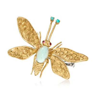 Pre-owned Ross-simons C. 1970 Vintage 18kt Yellow Gold Butterfly Pin With Azurite, Turquoise And Rubies