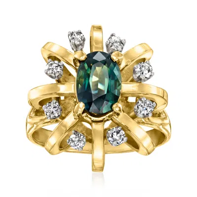 Pre-owned Ross-simons C. 1970 Vintage 1.90 Carat Green Sapphire Ring With .35 Ct. T.w. Diamonds In 18kt Yellow Gold