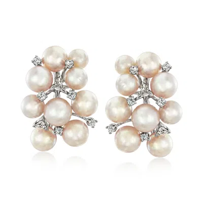 Pre-owned Ross-simons C. 1970 Vintage 6-8.5mm Cultured Pearl And 1.50 Ct. T.w. Diamond Clip-on Cluster Earrings In Palladi In Red