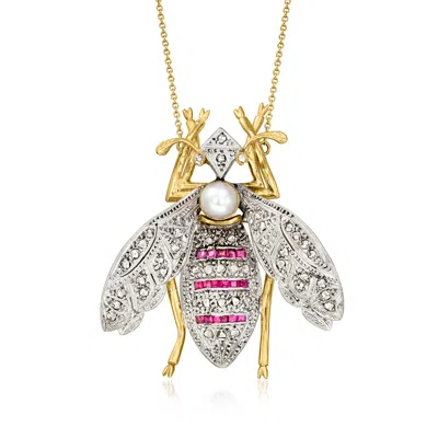 Pre-owned Ross-simons C. 1970 Vintage 6mm Cultured Pearl And .78 Ct. T.w. Diamond Bumblebee Necklace With .40 Ct. T.w. Rub In Gold