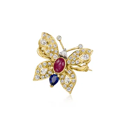 Pre-owned Ross-simons C. 1970 Vintage .80 Carat Ruby And .55 Carat Sapphire Butterfly Pin With 1.28 Ct. T.w. Diamonds In 1 In Gold