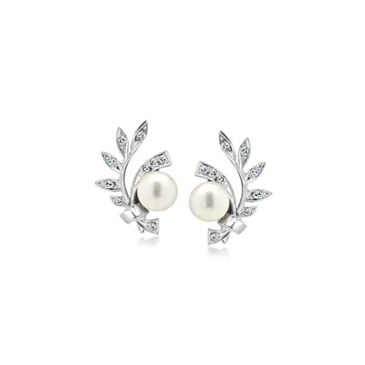 Pre-owned Ross-simons C. 1970 Vintage 8mm Cultured Pearl And .45 Ct. T.w. Diamond Leaf Earrings In 14kt White Gold In Silver