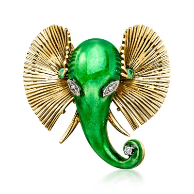 Pre-owned Ross-simons C. 1970 Vintage Green Enamel And .10 Ct. T.w. Emerald Elephant Pin With Diamonds In 18kt Yellow Gold