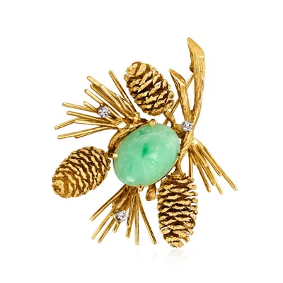 Pre-owned Ross-simons C. 1970 Vintage Jade And .12 Ct. T.w. Diamond Pinecone Pin In 14kt Yellow Gold