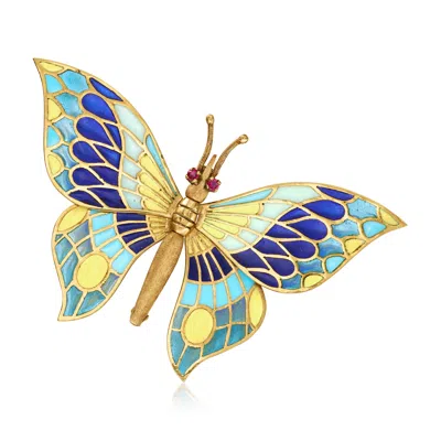 Pre-owned Ross-simons C. 1970 Vintage Multicolored Enamel Plique-a-jour Butterfly Pin With Rubies In 18kt Yellow Gold
