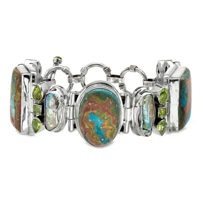 Pre-owned Ross-simons C. 1970 Vintage Simulated Turquoise, Cultured Baroque Pearl And 4.80 Ct. T.w. Peridot Bracelet In St In Silver