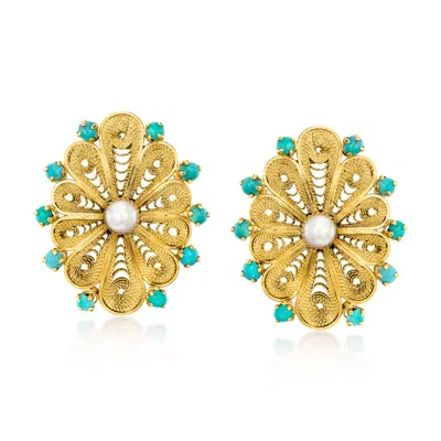 Pre-owned Ross-simons C. 1970 Vintage Turquoise And 4mm Cultured Pearl Earrings In 14kt Yellow Gold