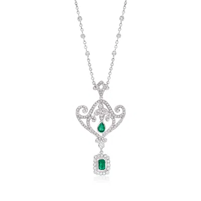 Pre-owned Ross-simons C. 1980 Vintage 1.45 Ct. T.w. Diamond And .75 Ct. T.w. Emerald Drop Necklace In 18kt White Gold In Silver