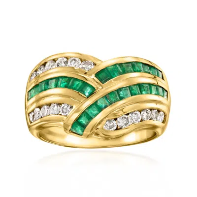 Pre-owned Ross-simons C. 1980 Vintage 1.50 Ct. T.w. Emerald And .60 Ct. T.w. Diamond V-shaped Ring In 18kt Yellow Gold