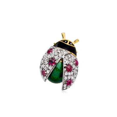 Pre-owned Ross-simons C. 1980 Vintage 1.50 Ct. T.w. Ruby And .80 Ct. T.w. Diamond Ladybug Pin In 18kt Two-tone Gold In Gold,silver