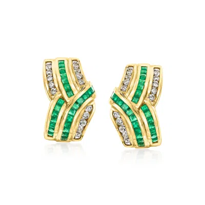 Pre-owned Ross-simons C. 1980 Vintage 2.00 Ct. T.w. Emerald And 1.00 Ct. T.w. Diamond Curved Earrings In 18kt Yellow Gold