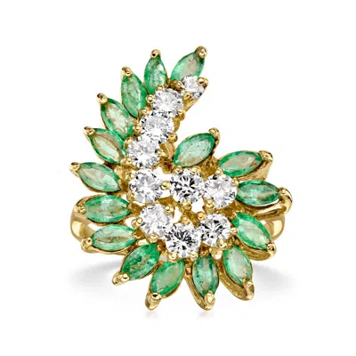 Pre-owned Ross-simons C. 1980 Vintage 2.00 Ct. T.w. Emerald And 1.50 Ct. T.w. Diamond Swirl Ring In 14kt Yellow Gold