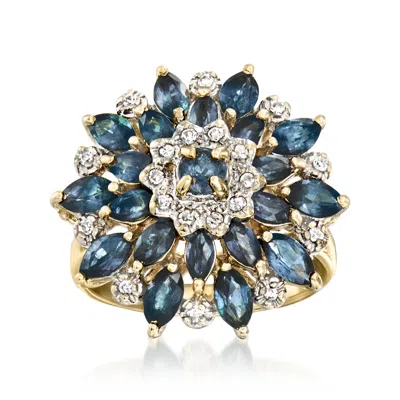 Pre-owned Ross-simons C. 1980 Vintage 2.45 Ct. T.w. Sapphire And .16 Ct. T.w. Diamond Flower Ring In 14kt Yellow Gold