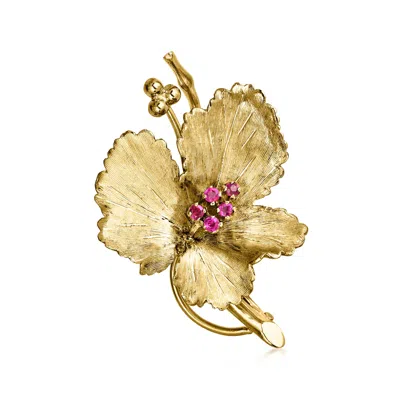 Pre-owned Ross-simons C. 1980 Vintage .25 Ct. T.w. Ruby Leaf Pin In 18kt Yellow Gold